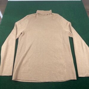 LOFT Turtleneck Sweater Women's L Beige Ribbed Knit Ruffled Neck Bell Sleeves